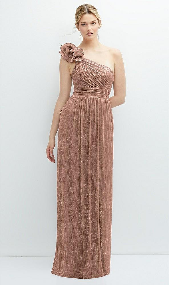 dramatic ruffle edge one-shoulder metallic pleated maxi dress