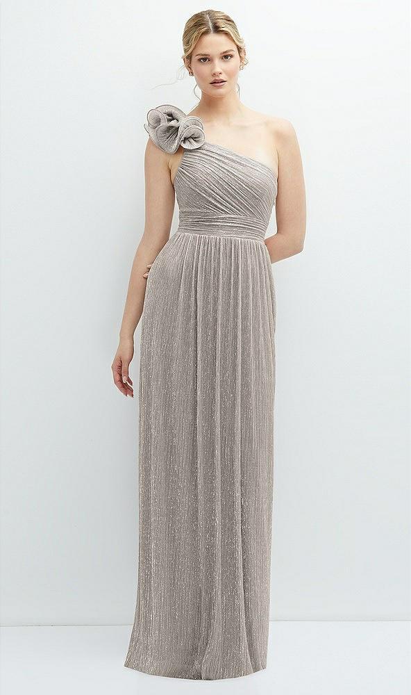 dramatic ruffle edge one-shoulder metallic pleated maxi dress