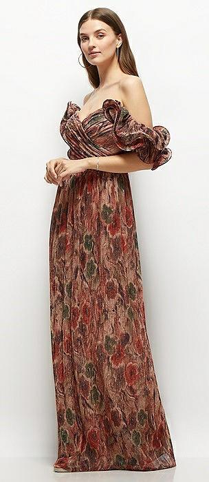 dramatic ruffle edge strap fall foral pleated metallic maxi dress