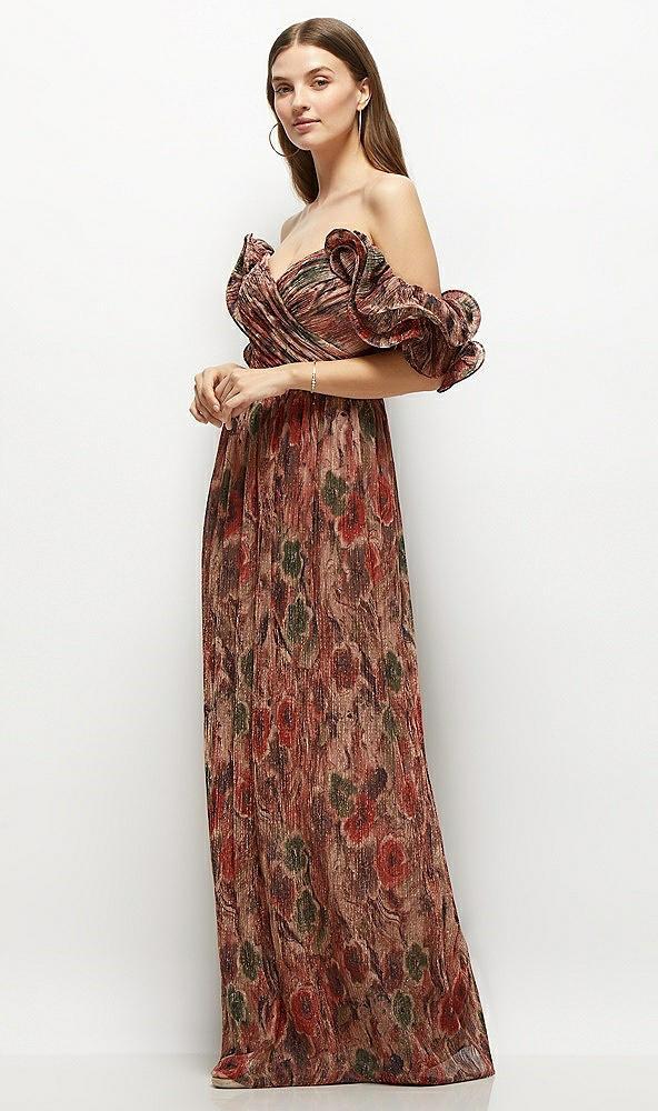 dramatic ruffle edge strap fall foral pleated metallic maxi dress