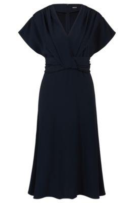 drape-front dress in matte satin- dark blue women's business dresses