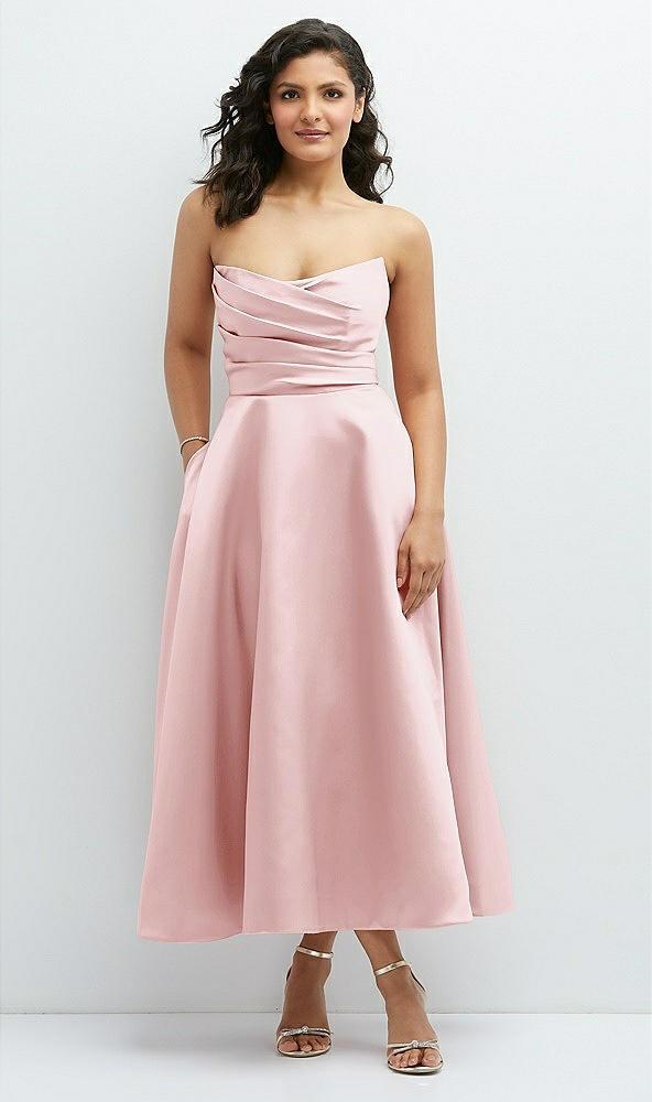 draped bodice strapless satin midi dress with full circle skirt