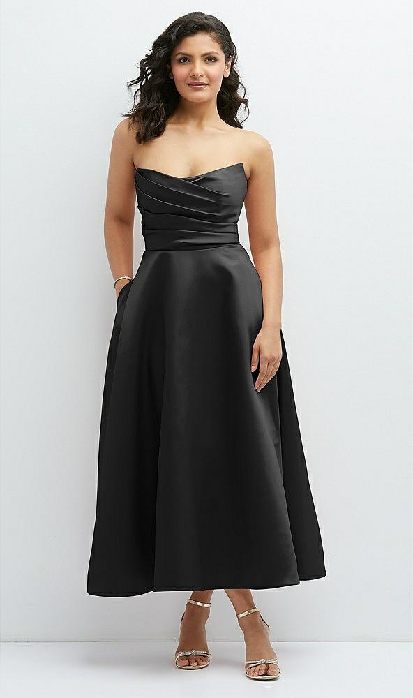 draped bodice strapless satin midi dress with full circle skirt