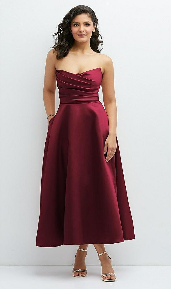 draped bodice strapless satin midi dress with full circle skirt