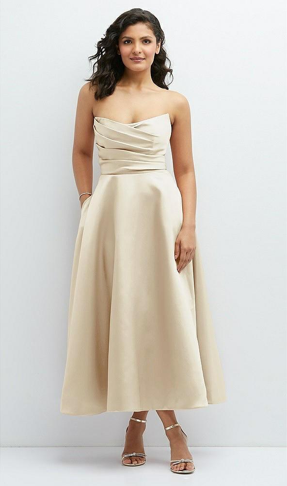 draped bodice strapless satin midi dress with full circle skirt