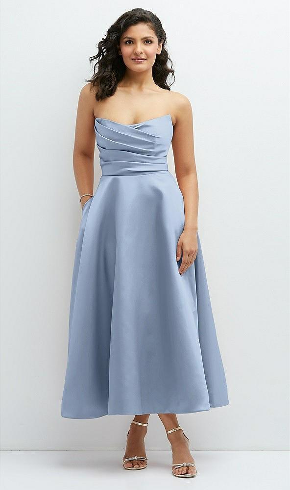 draped bodice strapless satin midi dress with full circle skirt