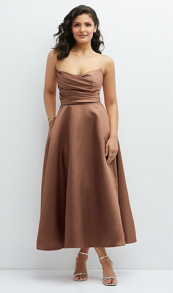 draped bodice strapless satin midi dress with full circle skirt