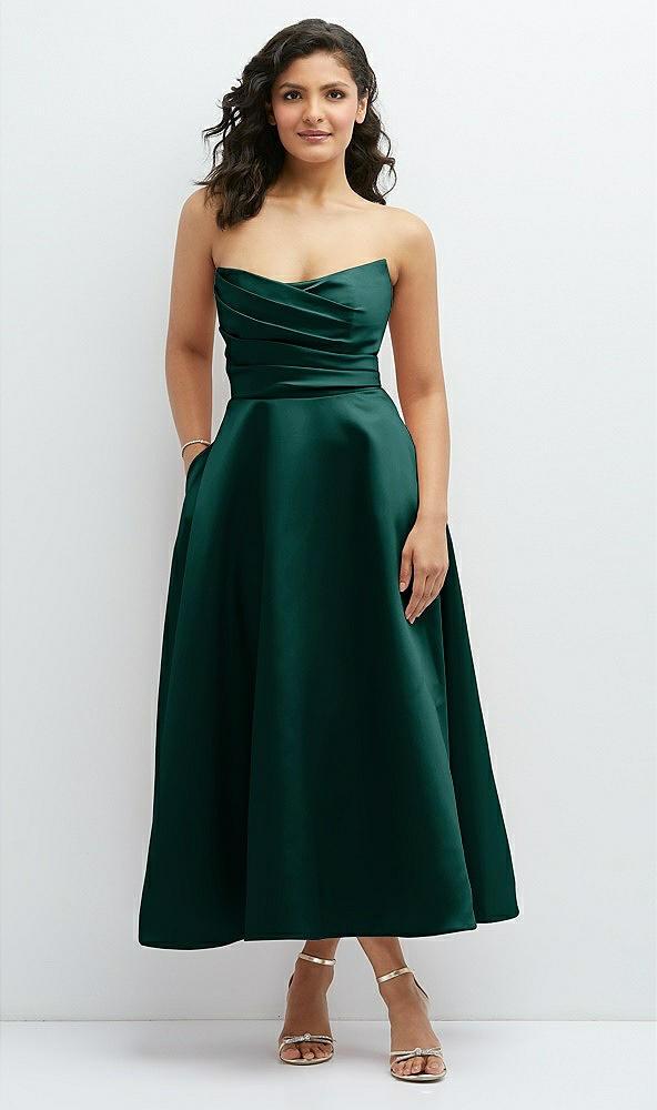 draped bodice strapless satin midi dress with full circle skirt