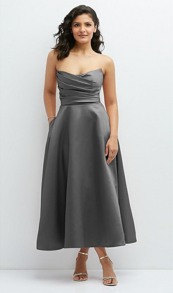 draped bodice strapless satin midi dress with full circle skirt