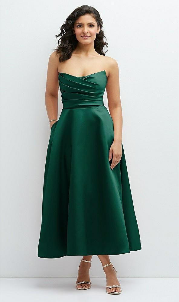 draped bodice strapless satin midi dress with full circle skirt
