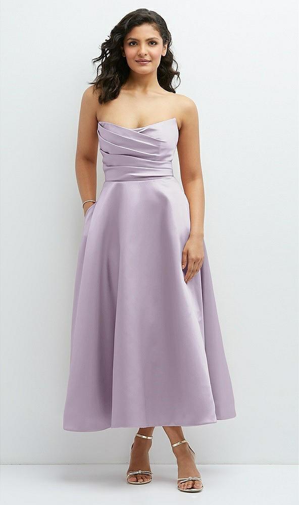 draped bodice strapless satin midi dress with full circle skirt