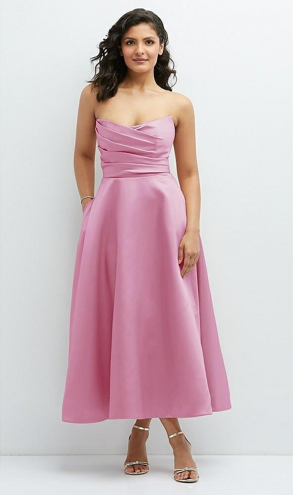 draped bodice strapless satin midi dress with full circle skirt