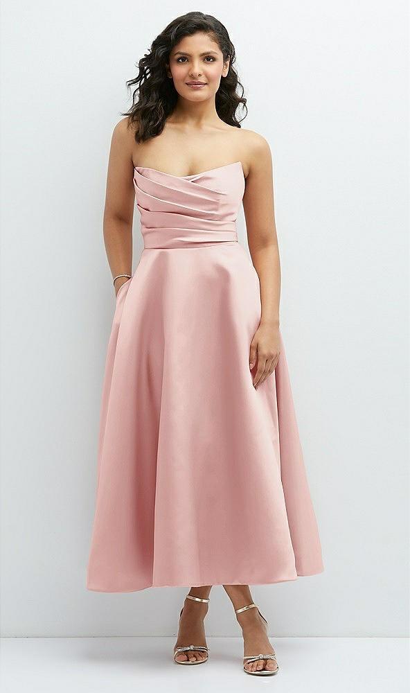 draped bodice strapless satin midi dress with full circle skirt