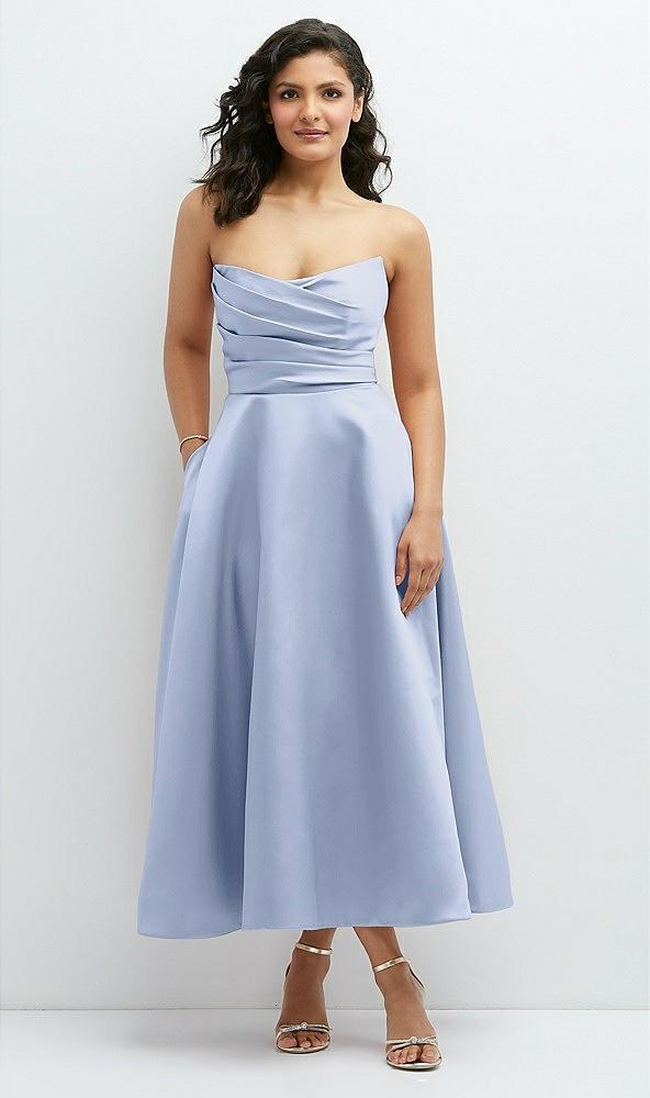 draped bodice strapless satin midi dress with full circle skirt