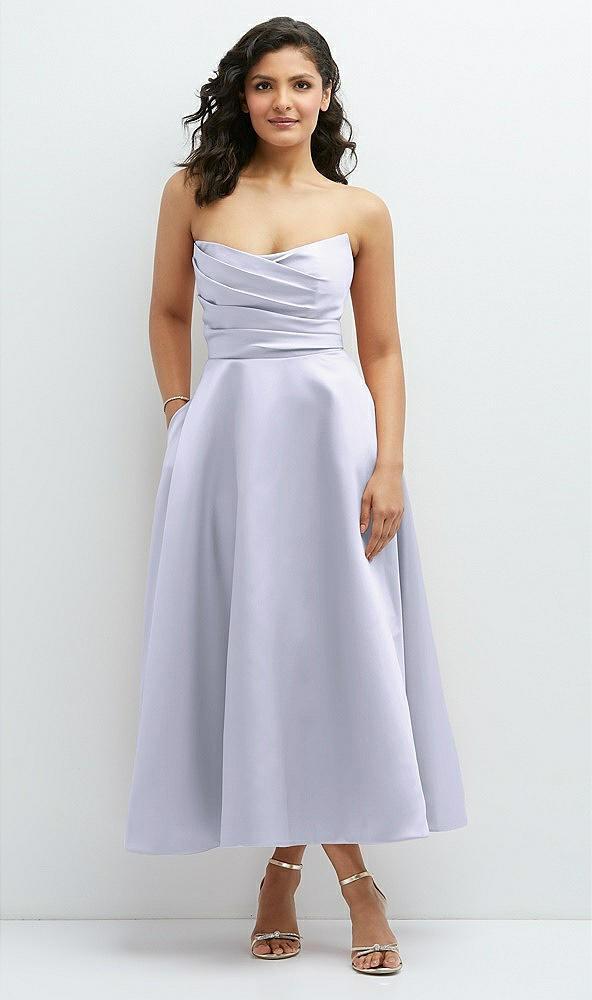 draped bodice strapless satin midi dress with full circle skirt