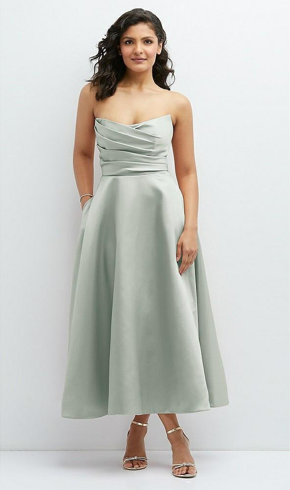 draped bodice strapless satin midi dress with full circle skirt