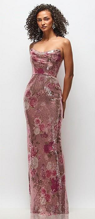 draped cowl cat-eye neck stretch sequin column maxi dress