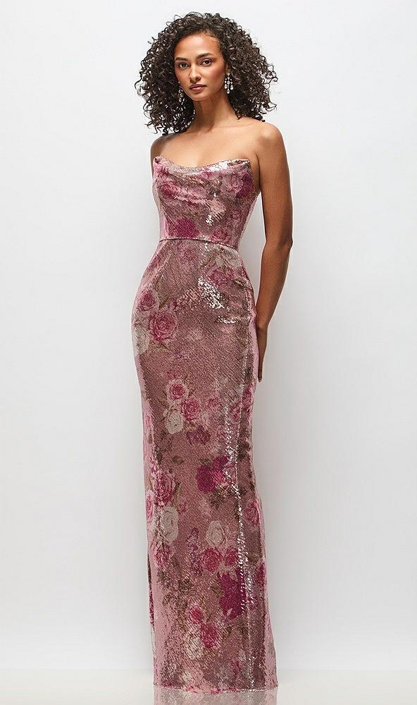 draped cowl cat-eye neck stretch sequin column maxi dress