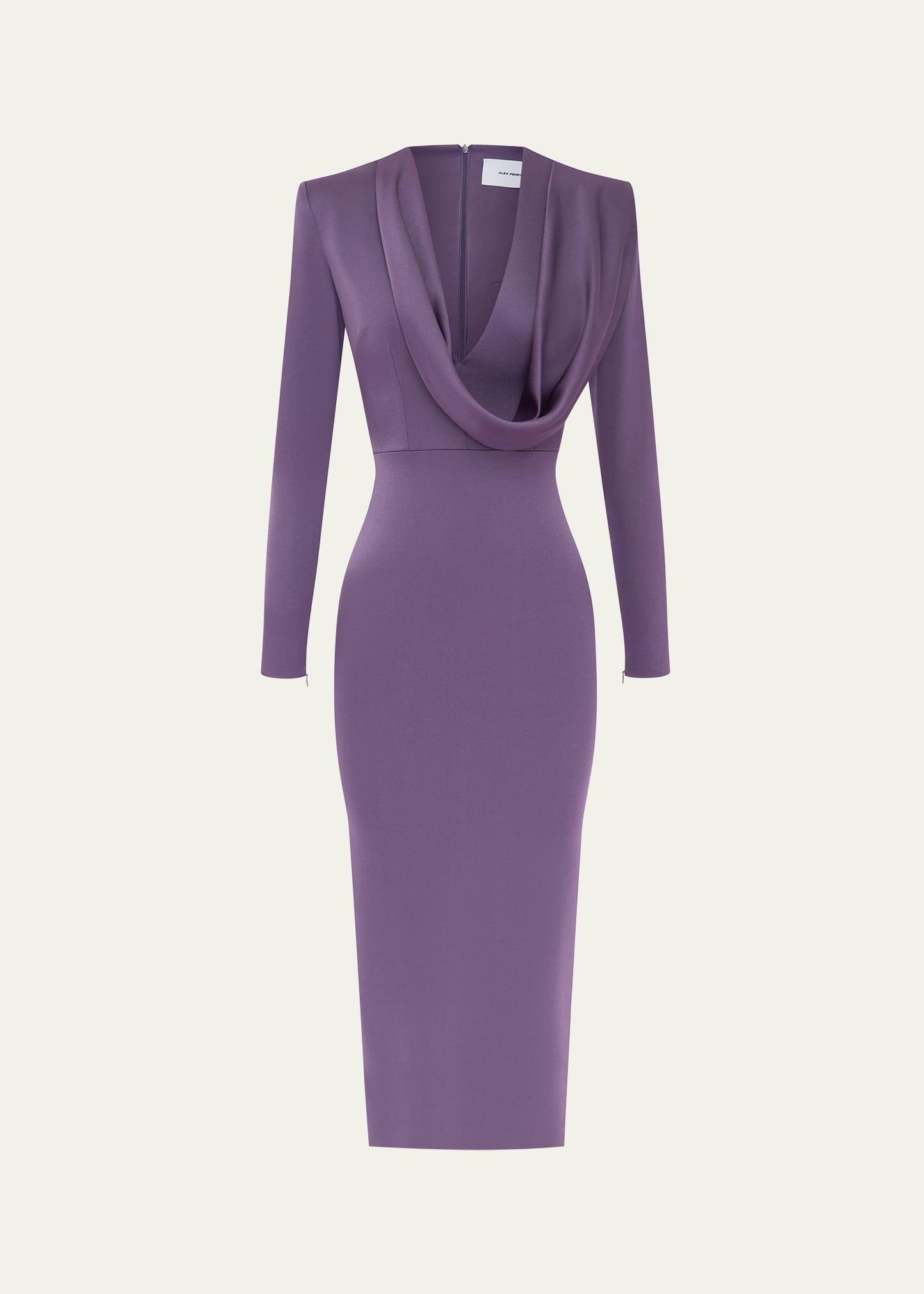 draped cowl-neck strong-shoulder satin crepe midi dress