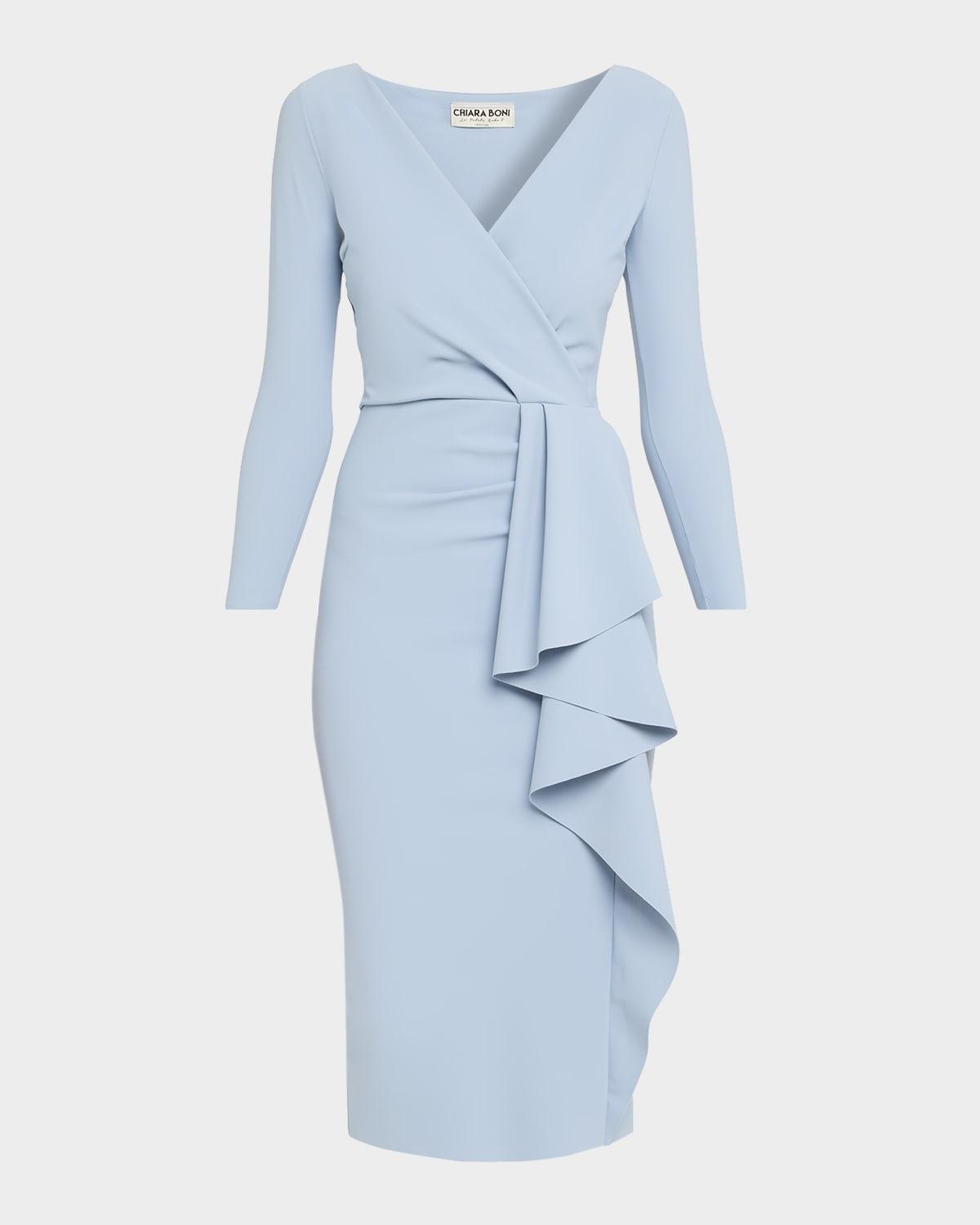 draped faux wrap bodycon midi dress