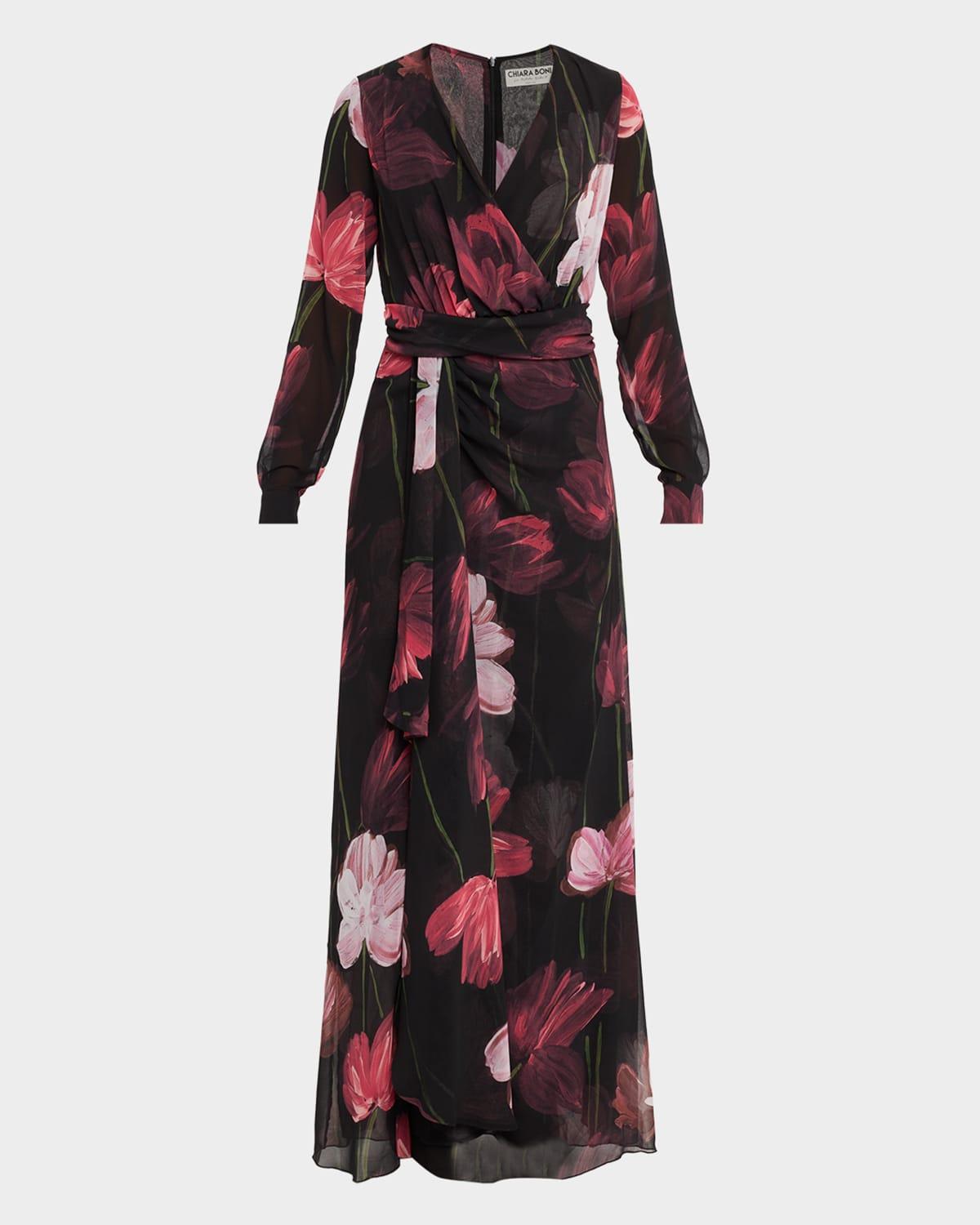 draped floral-print georgette gown