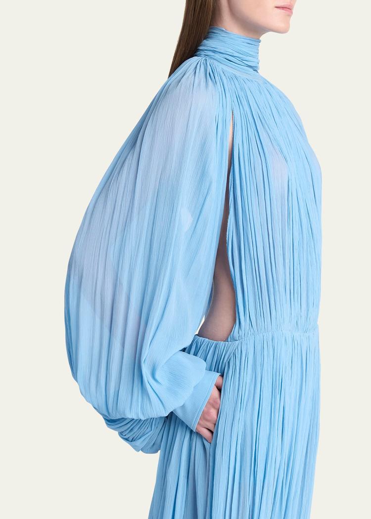 draped high neck silk midi dress