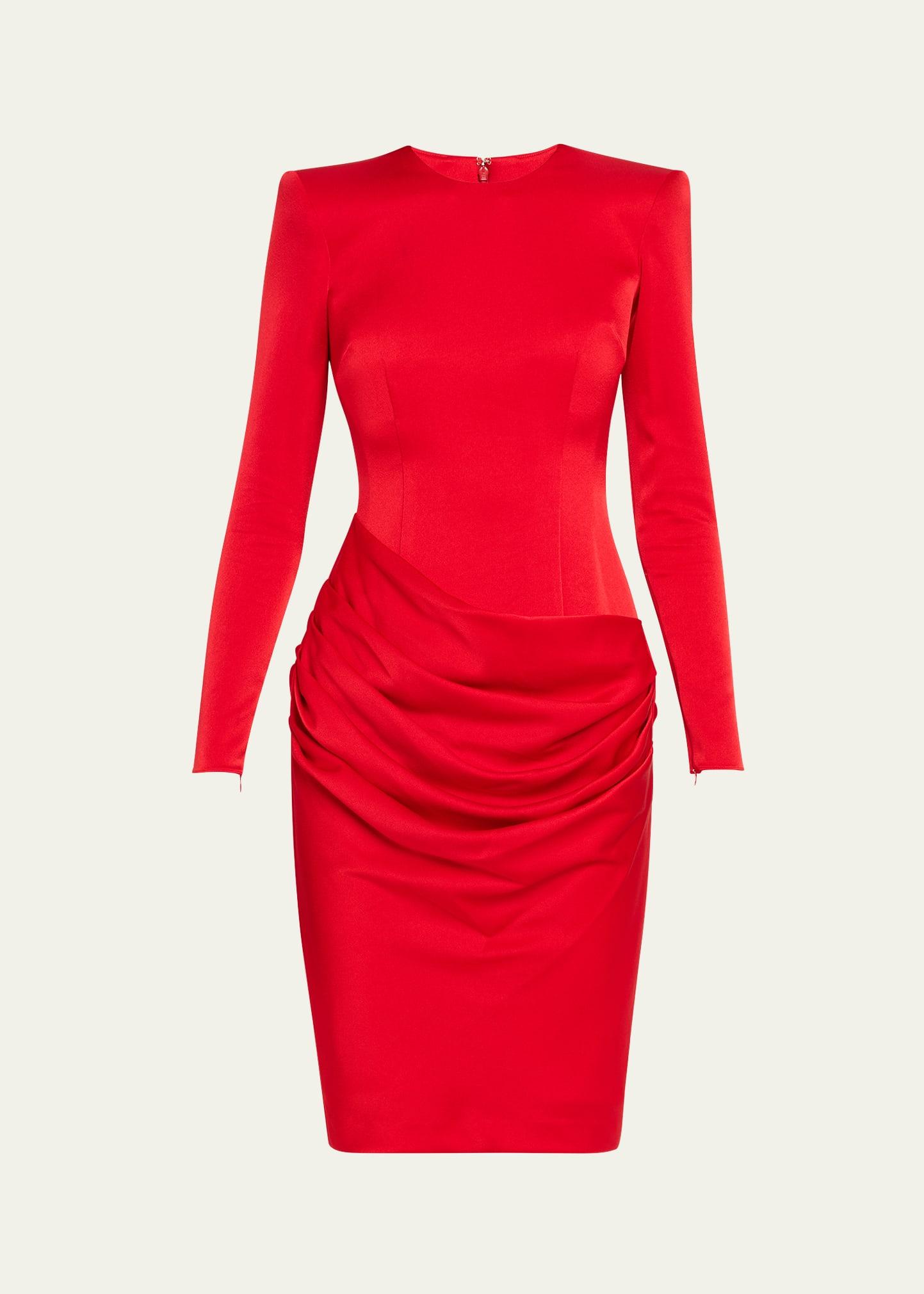 draped long sleeve crepe mini dress
