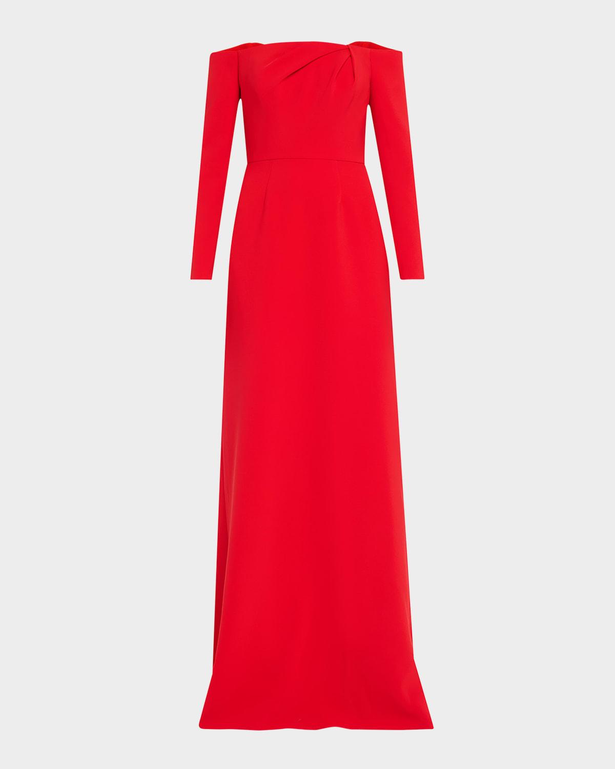 draped long-sleeve off-the-shoulder trumpet gown