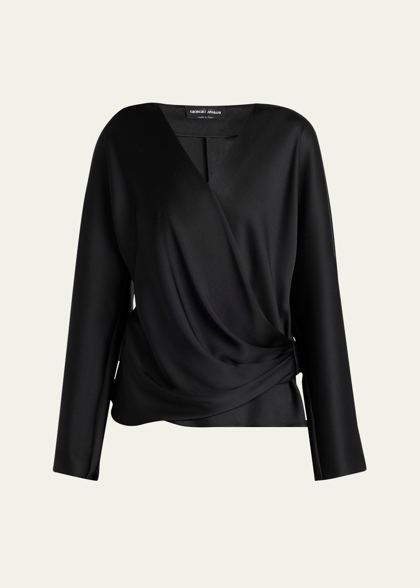 draped long-sleeve silk blouse