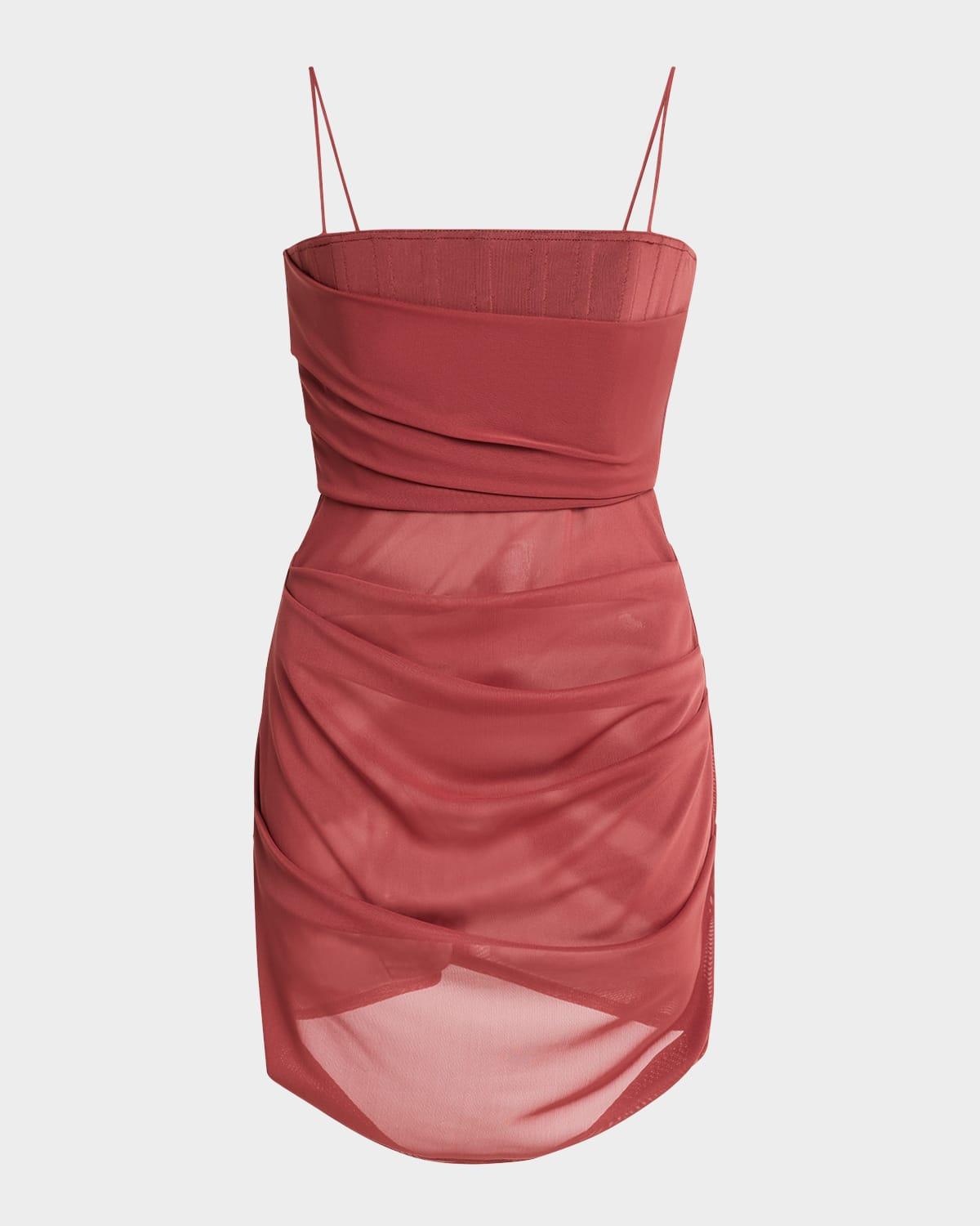 draped mesh tucked corset mini dress