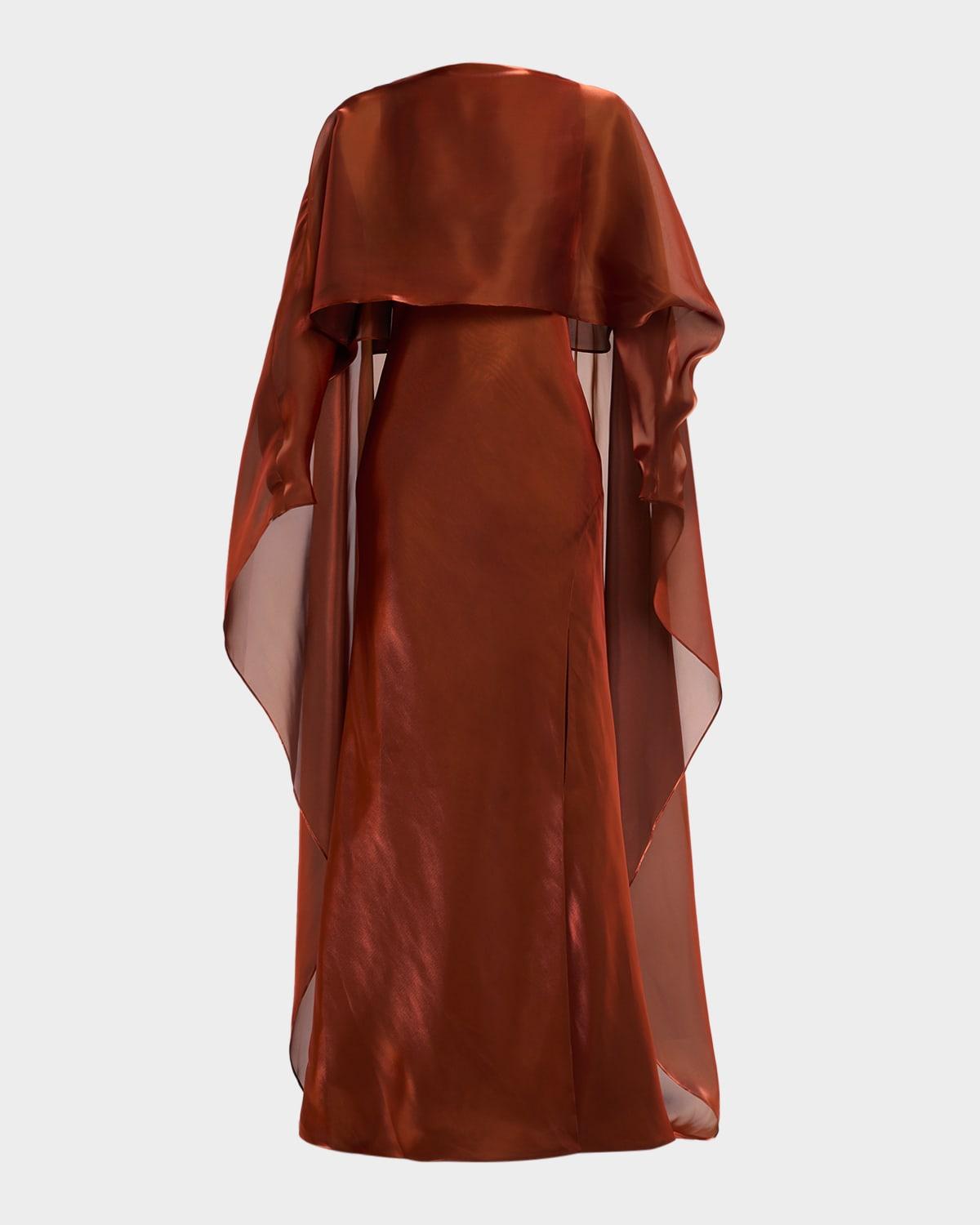 draped metallic organza cape gown