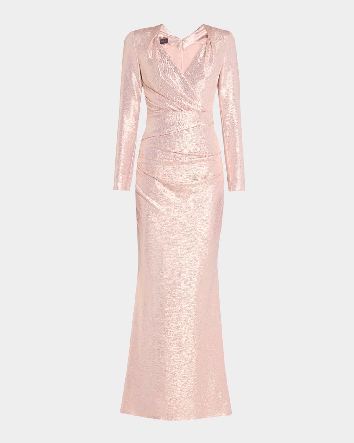 draped mirrorball stretch long-sleeve gown