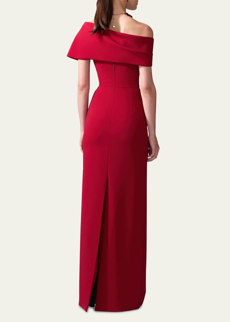 draped off-shoulder column gown