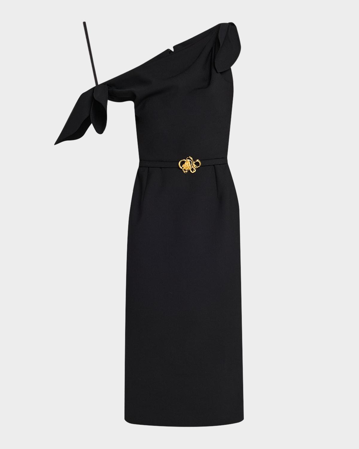 draped off-the-shoulder belted wool dress