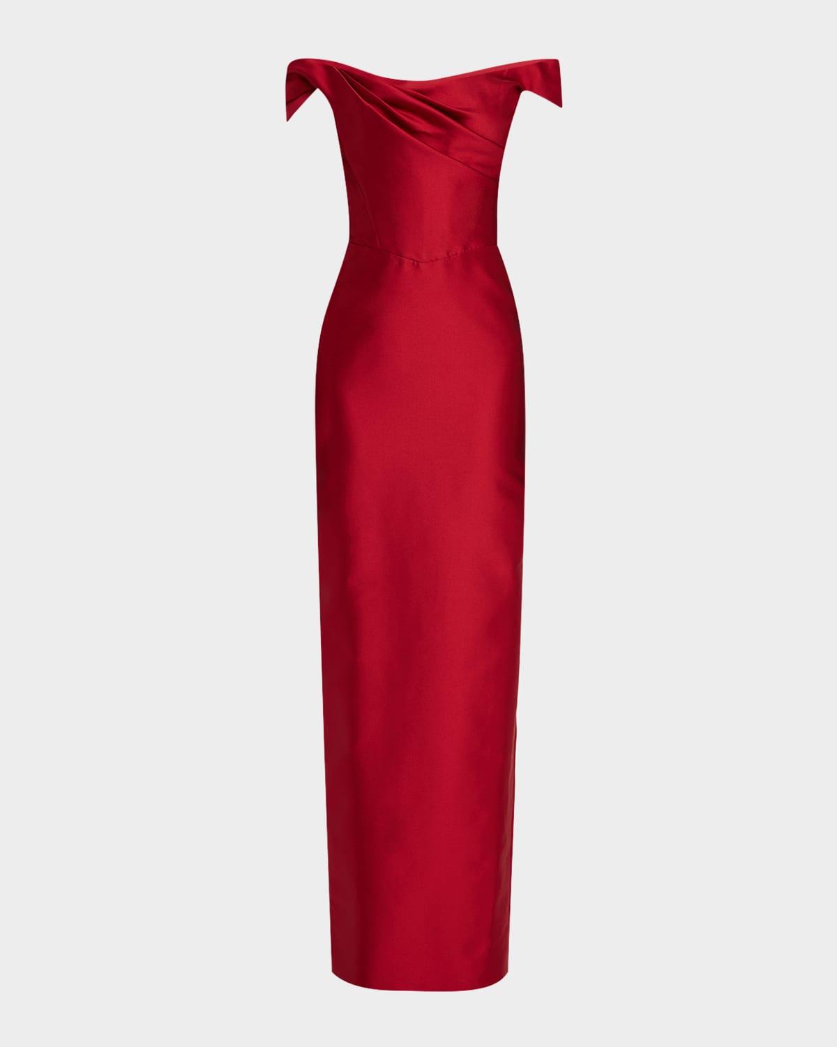 draped off-the-shoulder column gown