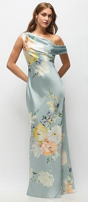 draped one-shoulder bias painterly floral stretch satin maxi dress