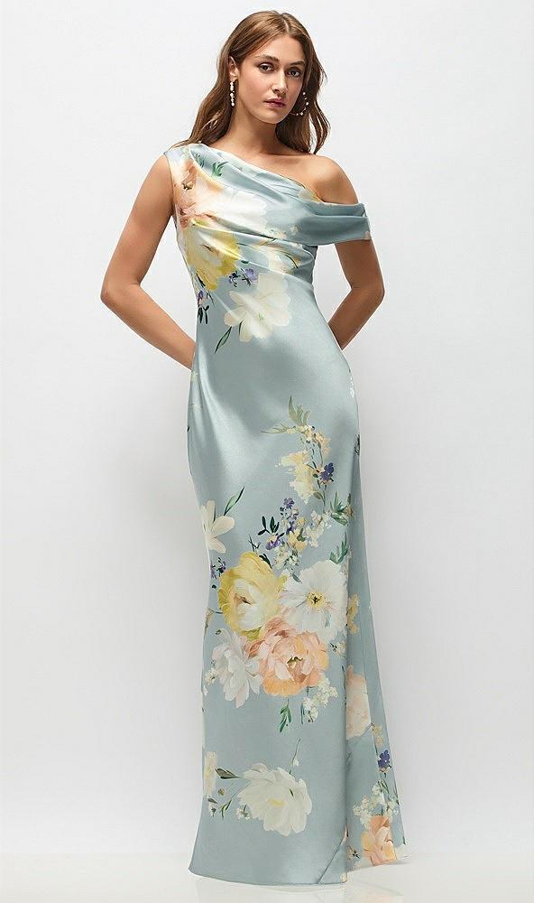 draped one-shoulder bias painterly floral stretch satin maxi dress