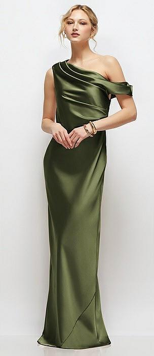 draped one-shoulder bias stretch satin maxi dress