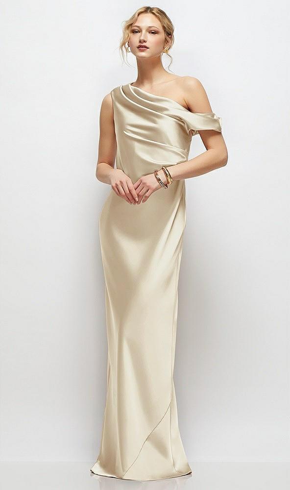 draped one-shoulder bias stretch satin maxi dress
