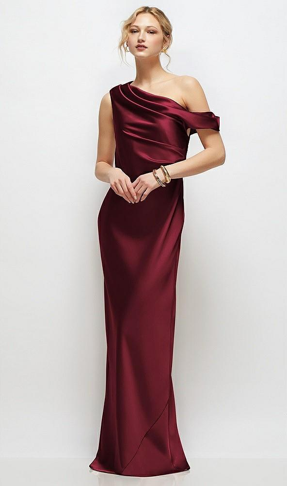 draped one-shoulder bias stretch satin maxi dress