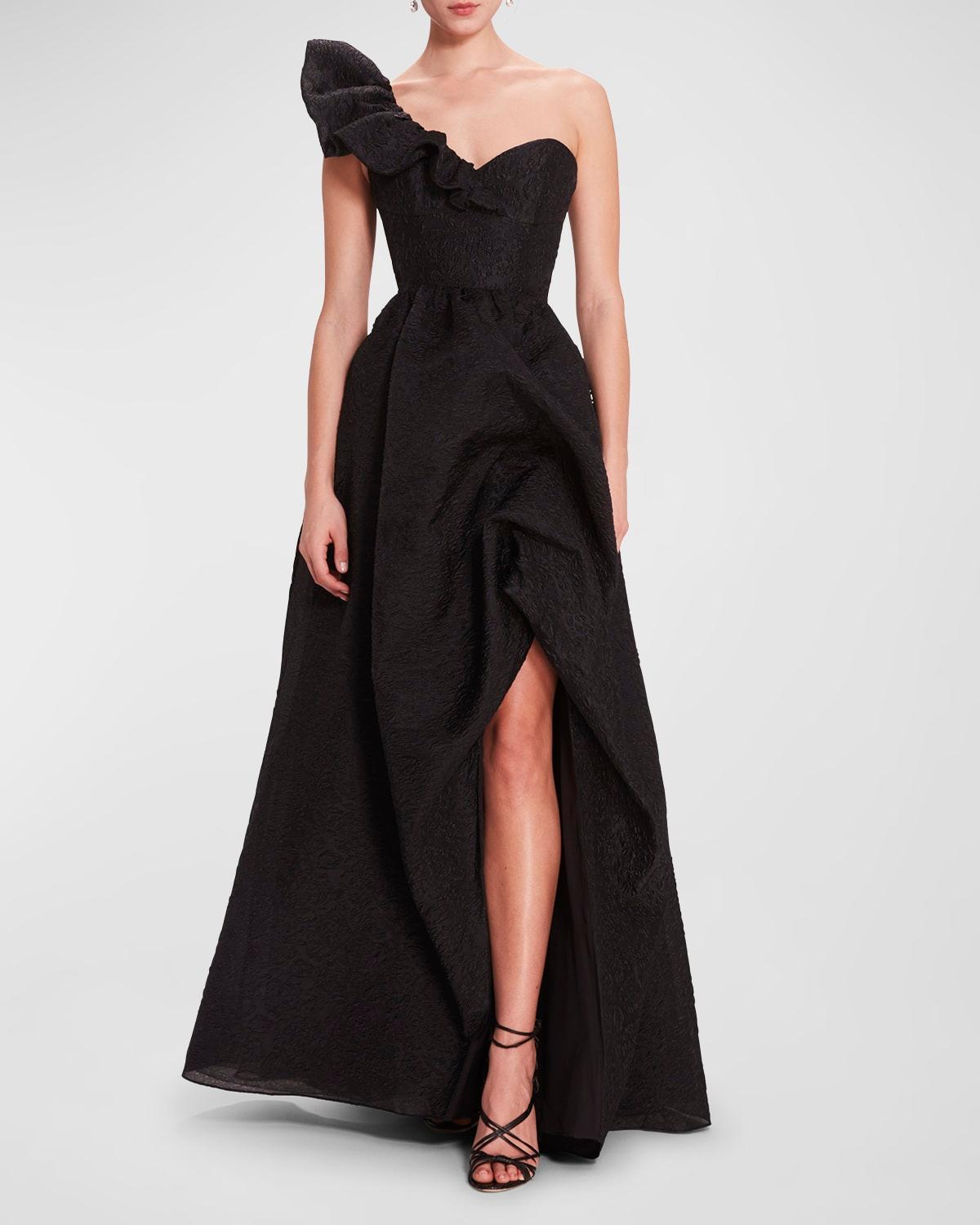 draped one-shoulder cloque ballgown