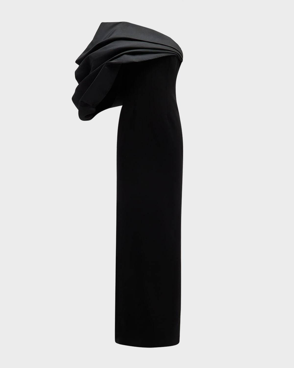 draped one-shoulder column gown