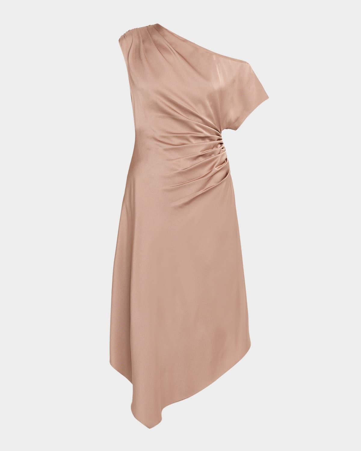 draped one-shoulder crepe back satin midi dress