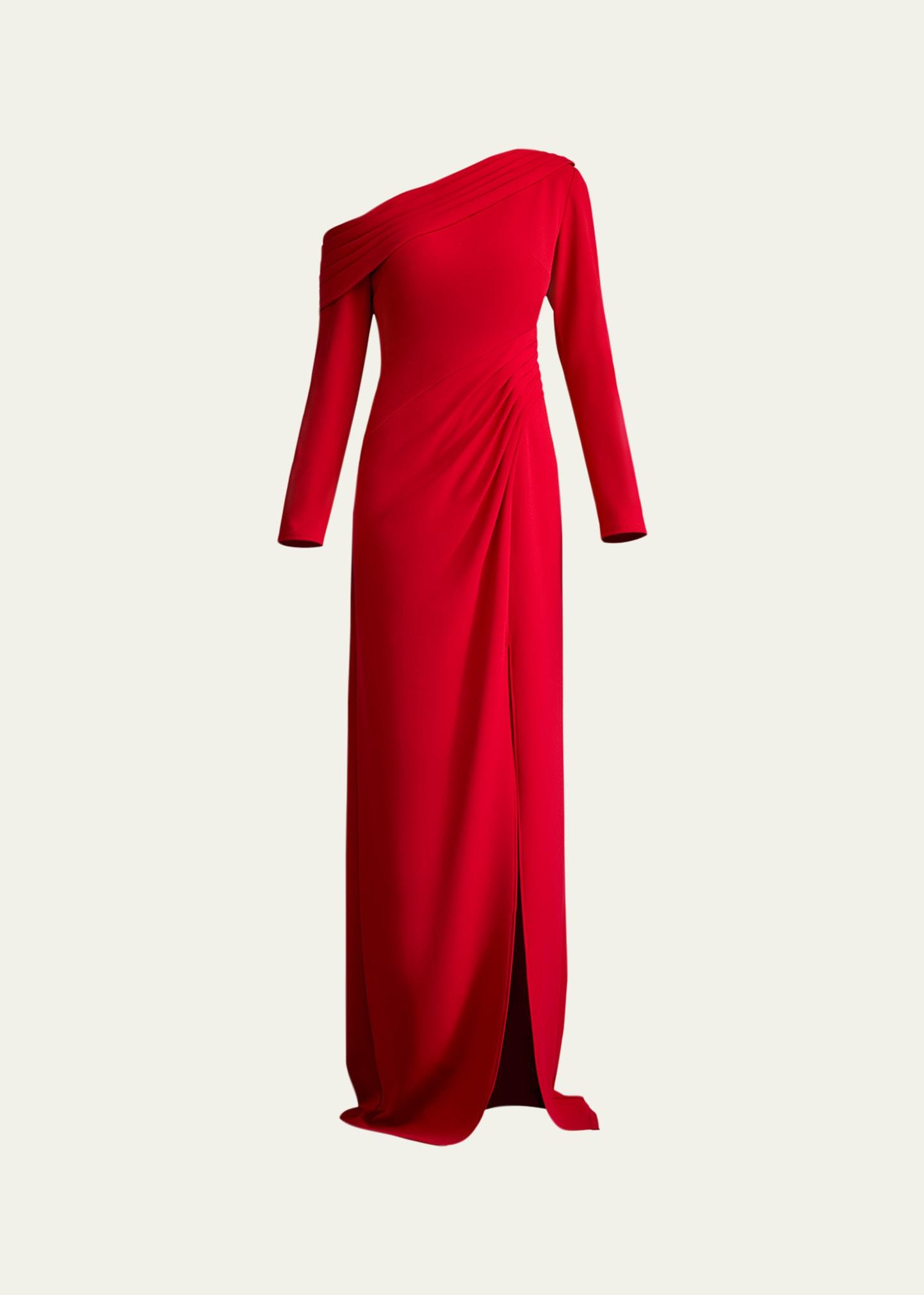 draped one-shoulder crepe column gown