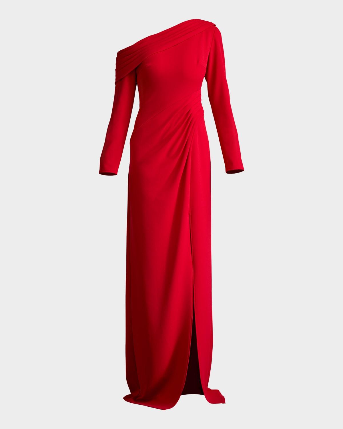 draped one-shoulder crepe column gown