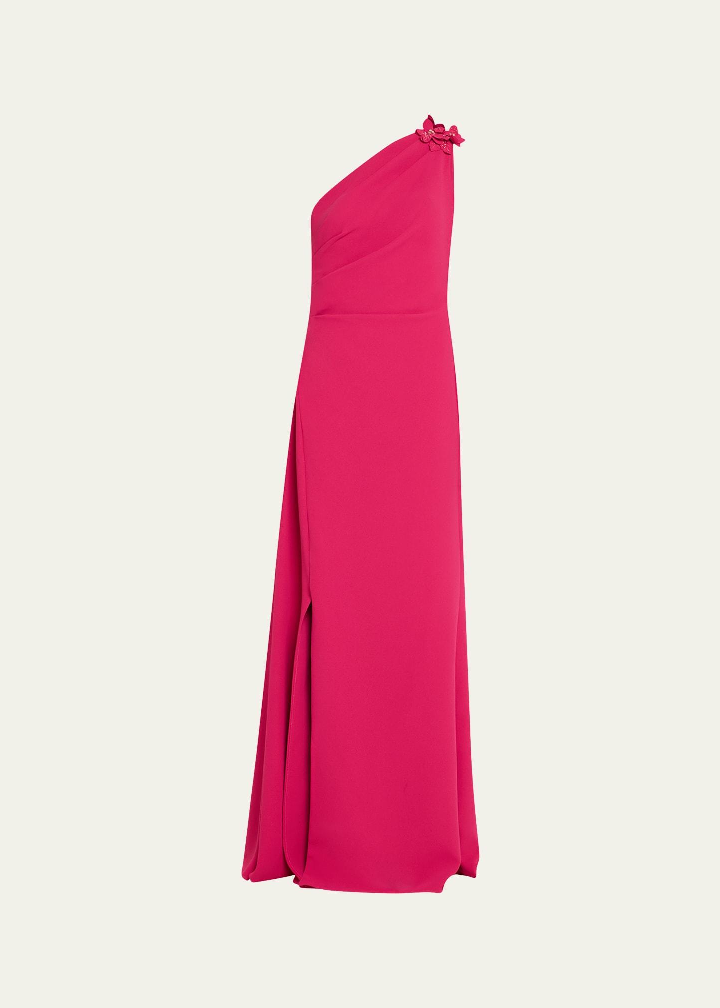 draped one-shoulder floral applique gown