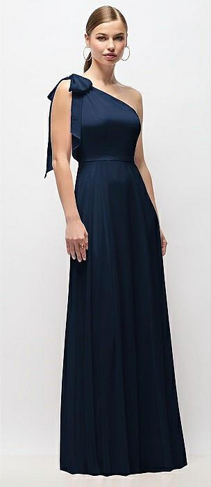 draped one-shoulder maxi dress with scarf bow
