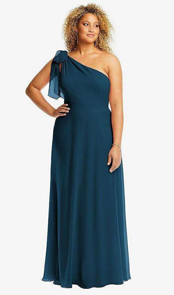 draped one-shoulder maxi dress with scarf bow
