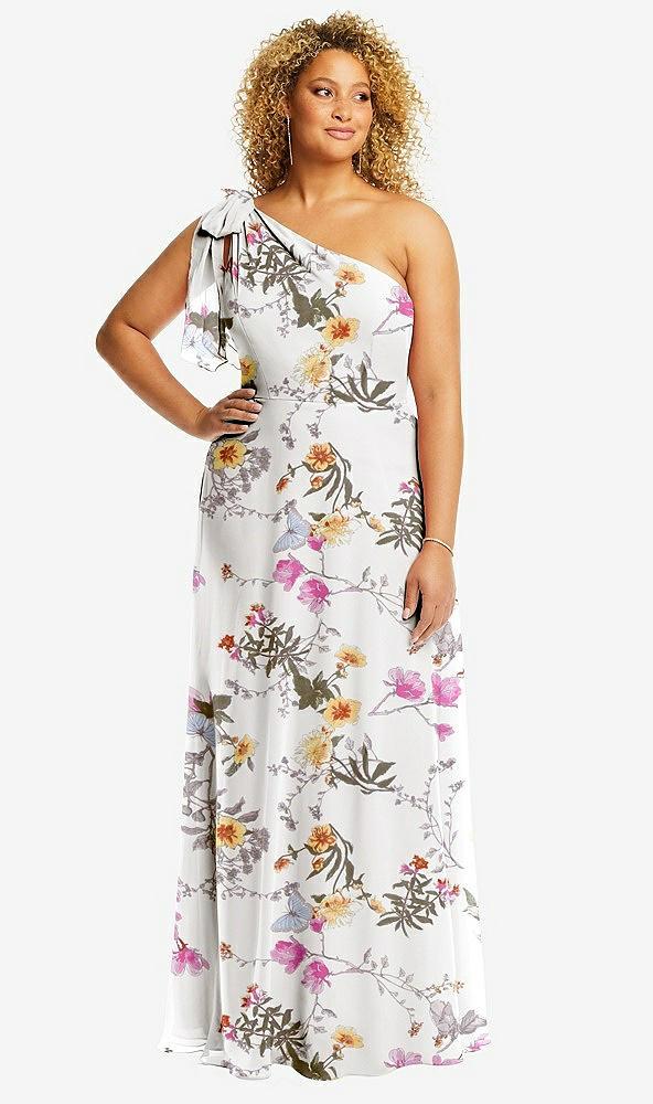 draped one-shoulder maxi dress with scarf bow