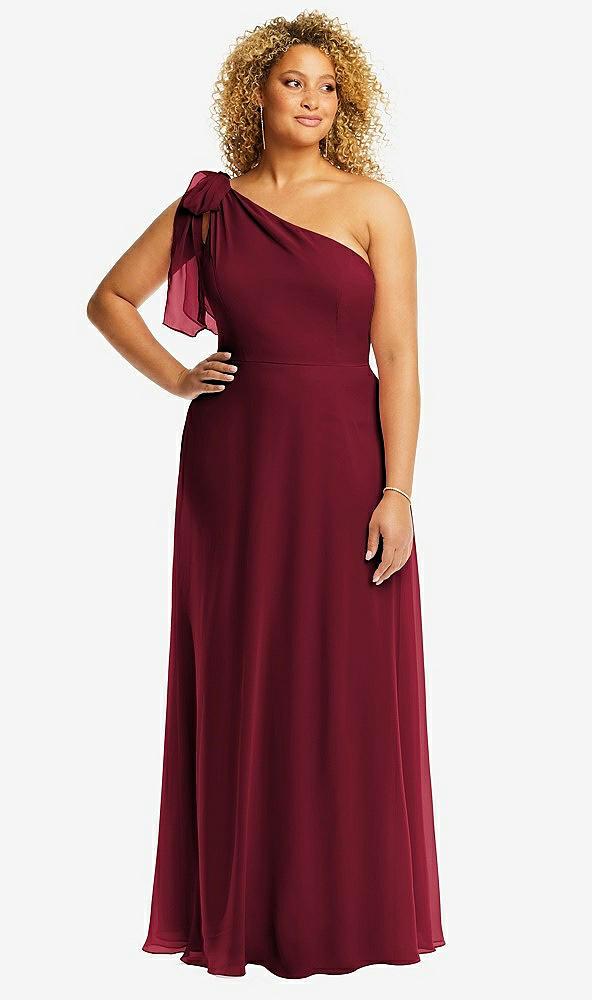 draped one-shoulder maxi dress with scarf bow